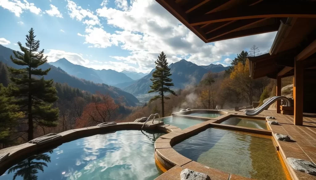 Generate an image of Hottarakashi Onsen's baths with a scenic view of the surrounding nature.