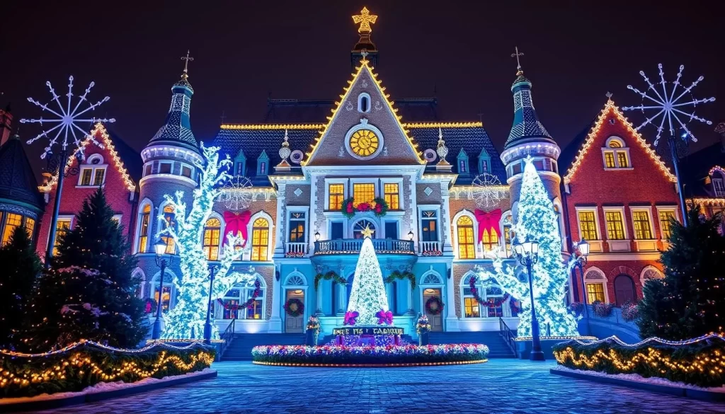 Generate an image of Huis Ten Bosch Theme Park during its winter illumination event.