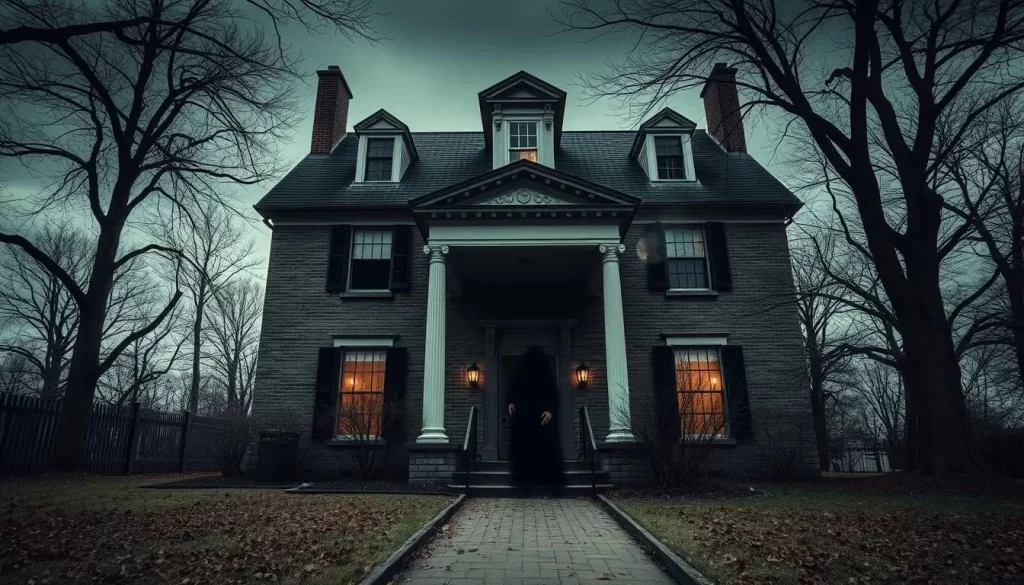 Generate an image of Hull House with a hint of the "Devil Baby" legend, perhaps with a shadowy figure in a cradle.