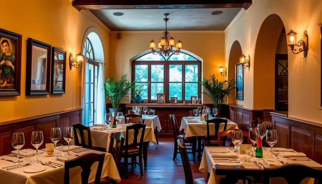 Generate an image of I Sodi's intimate dining area with Tuscan-inspired decor.