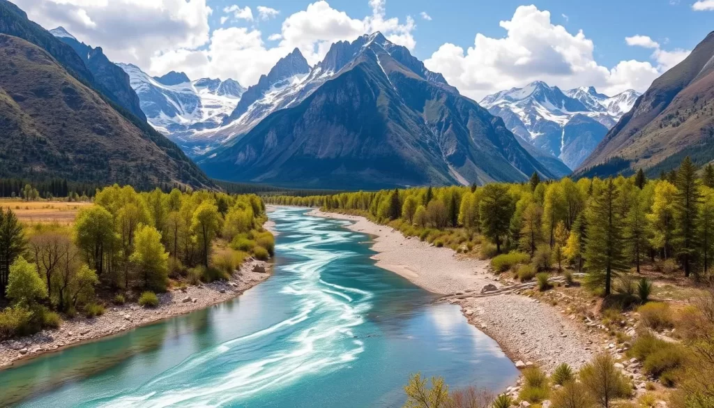 Generate an image of Iaik National Park's breathtaking landscape featuring towering mountains and crystal-clear rivers.