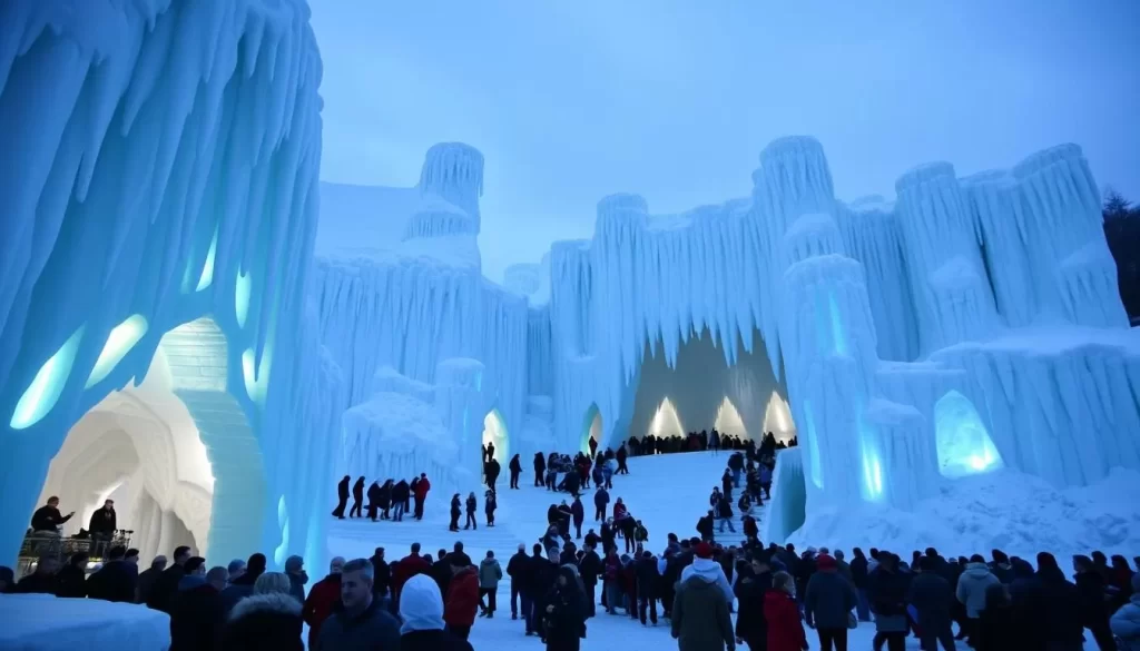 Generate an image of Ice Castles in Woodstock, NH, with intricate ice formations and a crowd of visitors.