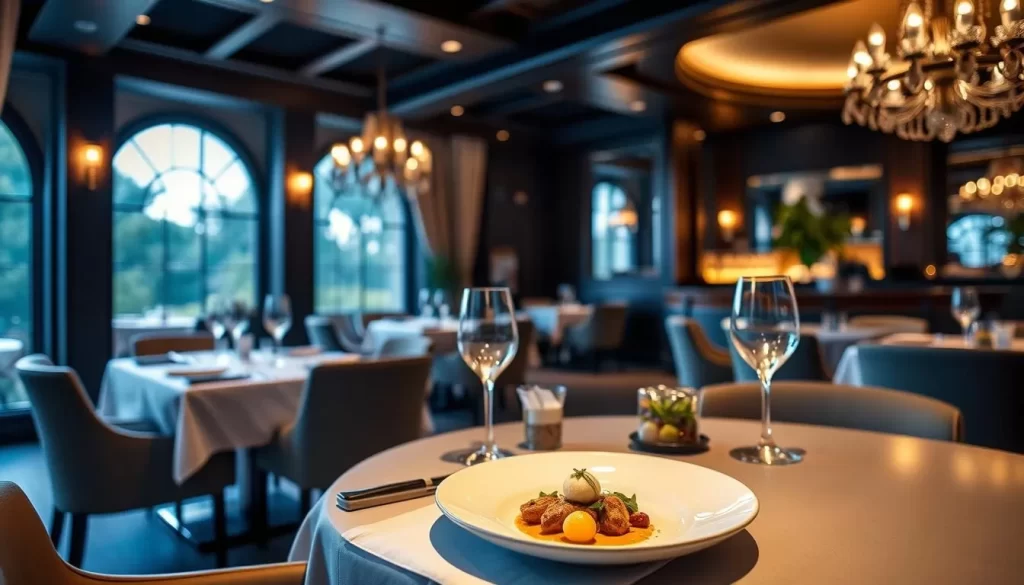 Generate an image of Indienne's elegant dining area with a tasting menu.