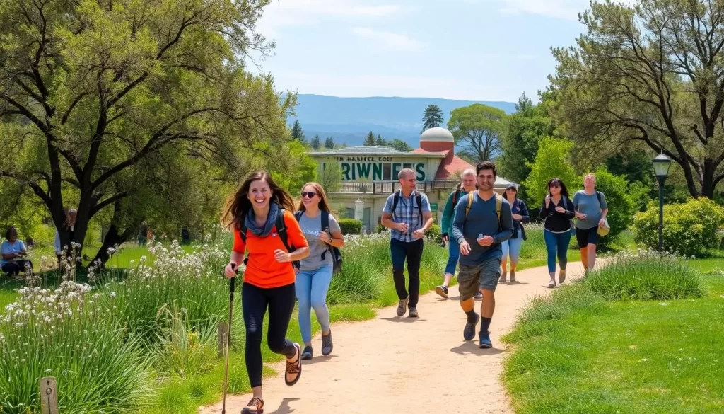 Generate an image of Irvine Regional Park with visitors hiking and the Orange County Zoo in the background.