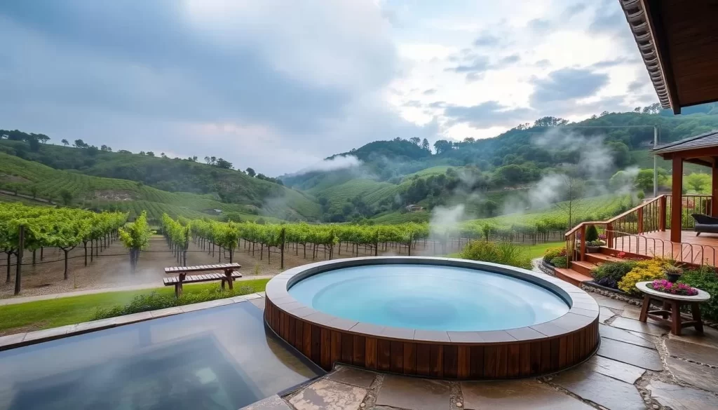 Generate an image of Isawa Hot Spring Resort's facilities, including its hot spring baths and surrounding vineyard.