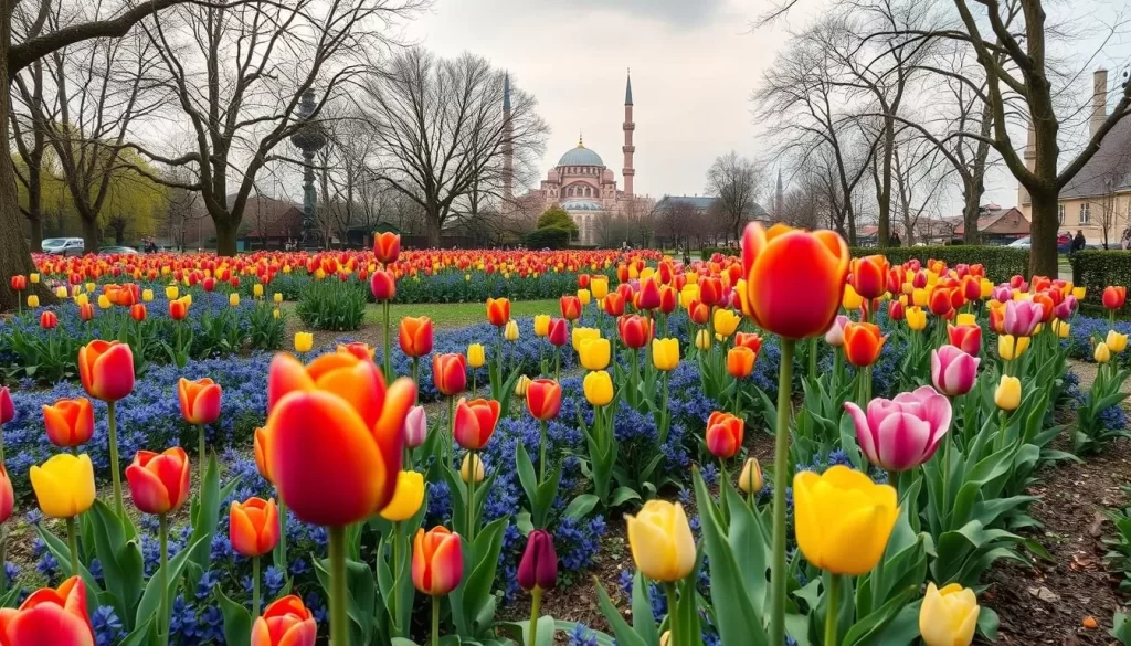 Generate an image of Istanbul's tulip-filled parks and gardens during the tulip festival.