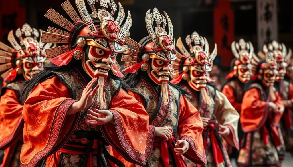 Generate an image of Iwami Kagura performers in traditional costumes and masks.