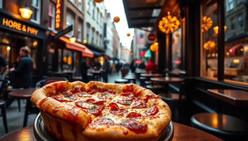 Generate an image of Japes' Chicago-style deep dish pizza in Soho, London.