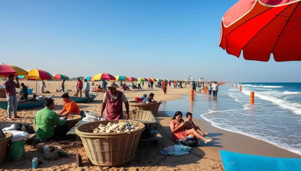 Generate an image of Jazeera Beach with local fishermen and families enjoying the sun.
