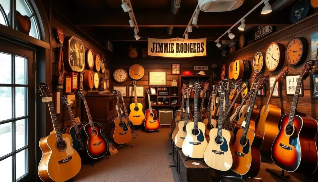 Generate an image of Jimmie Rodgers Museum with memorabilia and instruments.