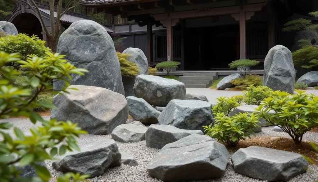 Generate an image of Joeiji Temple's rock garden, designed by Sesshu, in Yamaguchi, Japan.