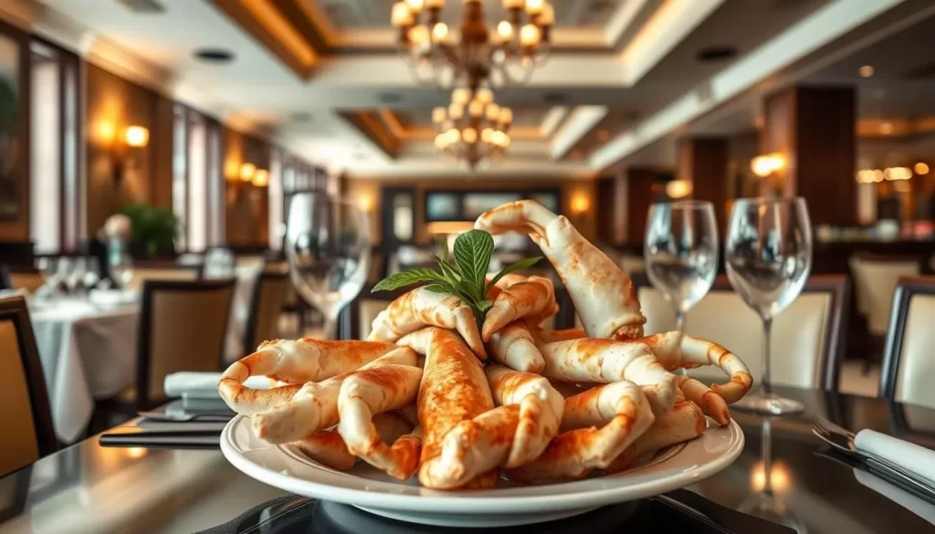 Generate an image of Joe's Seafood's luxurious dining area with a plate of stone crab claws.