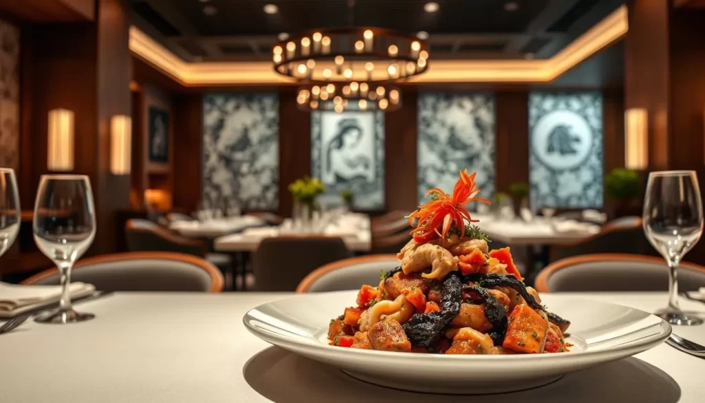 Generate an image of Jua's elegant dining room with a beautifully plated Korean dish.