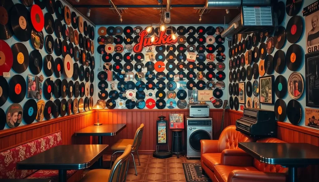 Generate an image of Juke80's interior with vintage decor and a collection of vinyl records on the walls.