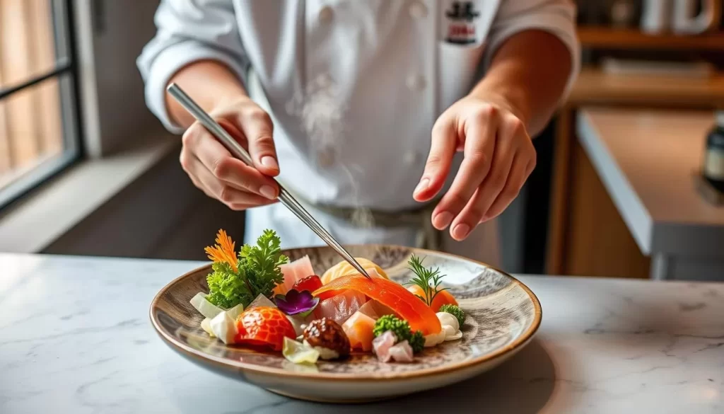 Generate an image of Juku's chef preparing an omakase dish.