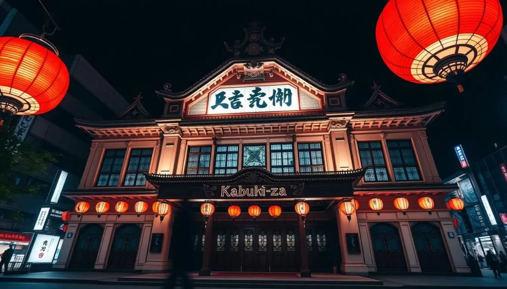 Generate an image of Kabuki-za Theatre's grand facade at night, illuminated with traditional Japanese lanterns.