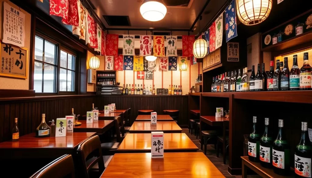Generate an image of Kadouchi Kappo Sanzai's casual dining area with colorful tenugui cloth decorations and a variety of sake bottles.