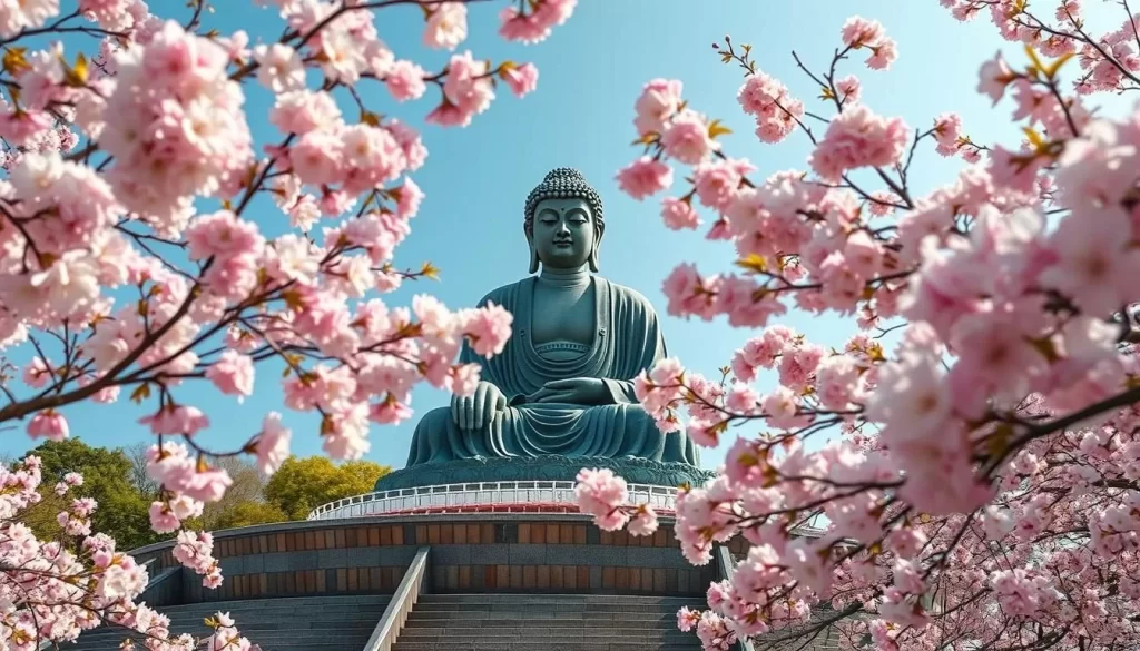 Generate an image of Kamakura's Great Buddha during cherry blossom season.