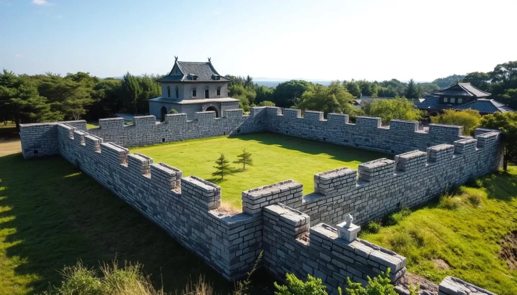 Generate an image of Kaneda Castle Ruins with its remaining stone walls.