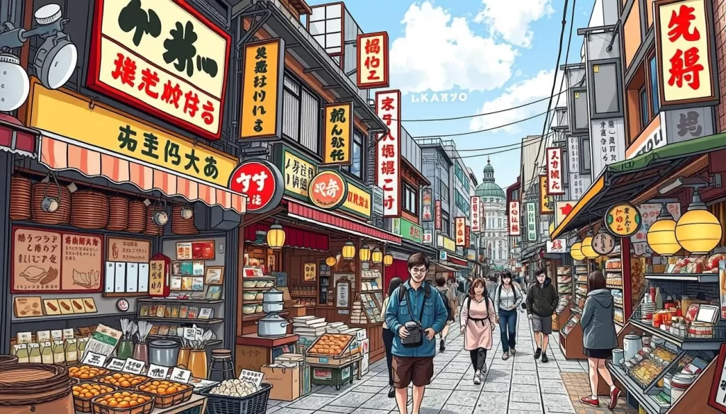 Generate an image of Kappabashi Street, a bustling shopping street in Tokyo filled with kitchen supplies and culinary delights.