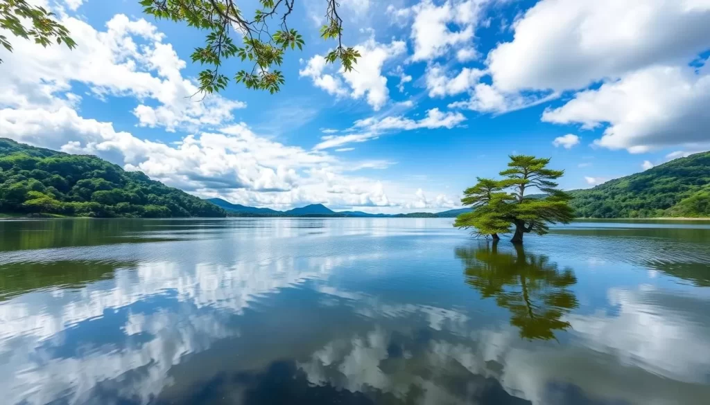 Generate an image of Kasumigaura Lake in Ibaraki Prefecture, Japan, showcasing its vast waters and surrounding landscape.