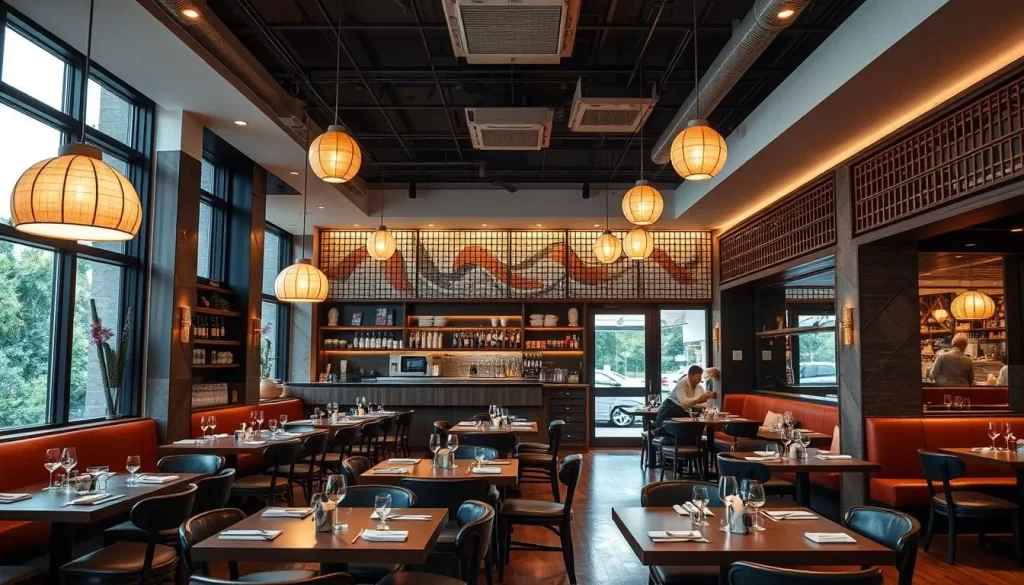 Generate an image of Kato restaurant's interior, showcasing its modern decor and inviting ambiance.