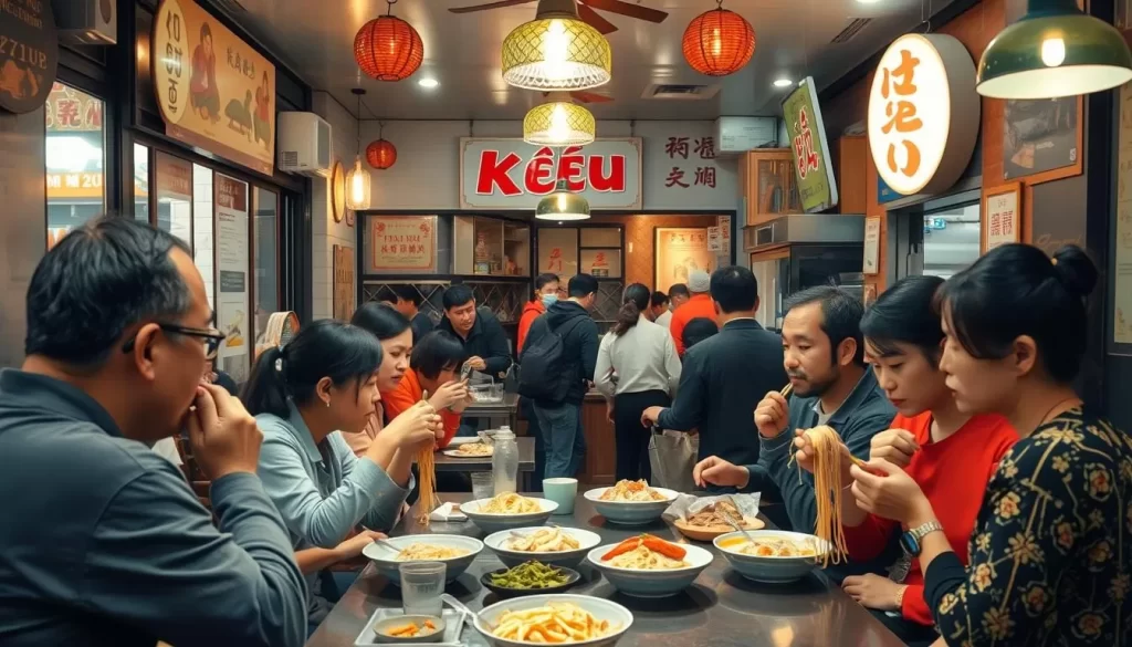 Generate an image of Kêu's vibrant interior with customers enjoying bánh mì and hand-pulled noodles.