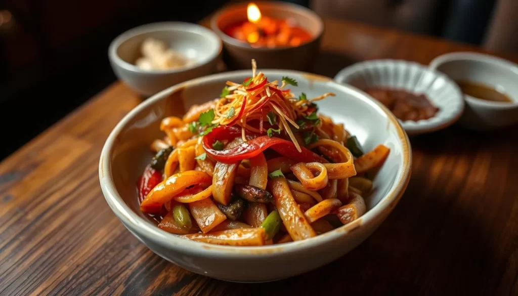 Generate an image of Kimski's signature Korean-Polish fusion dish in a cozy Bridgeport setting.