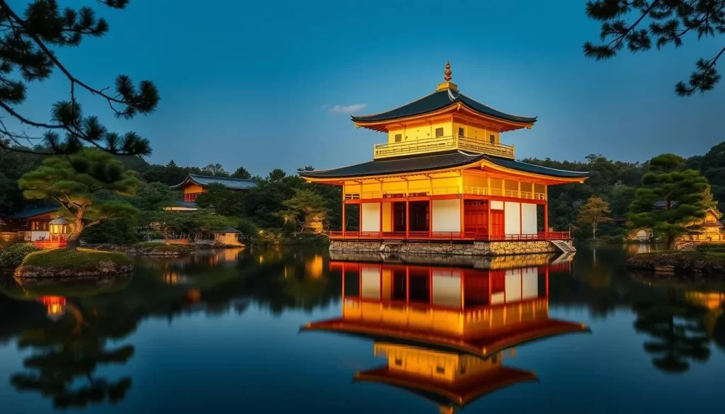 Generate an image of Kinkaku-ji Temple's golden pavilion reflecting in the Kyoko-chi Pond.