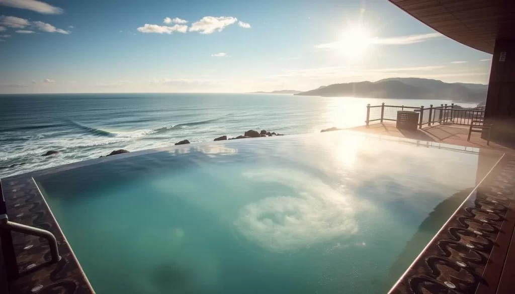 Generate an image of Kinoe Onsen Hotel Seifukan Japan, showcasing its serene hot spring with ocean views.