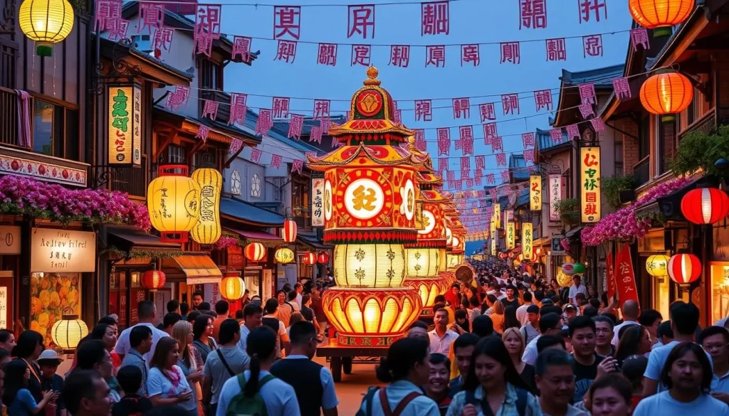 Generate an image of Kiriko Festival with massive illuminated lantern floats being paraded through a town.