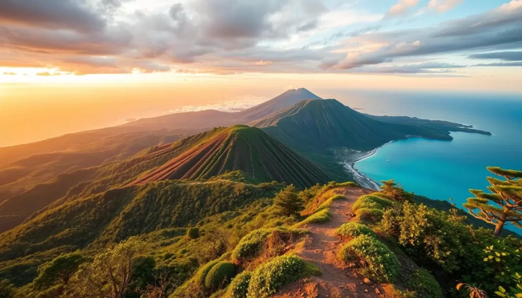 Generate an image of Kirishima National Park's hiking trails and volcanic landscapes.