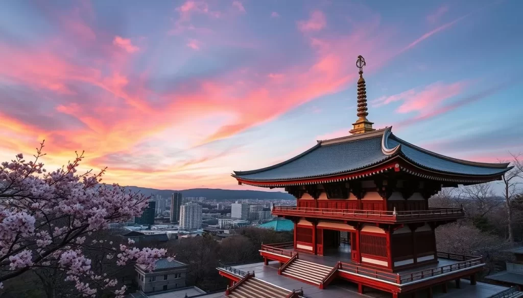 Generate an image of Kiyomizu-dera Temple's famous wooden stage with Kyoto cityscape in the background.