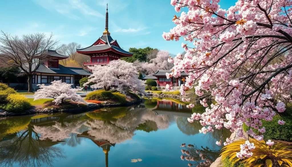 Generate an image of Kiyosumi Teien Garden during cherry blossom season.