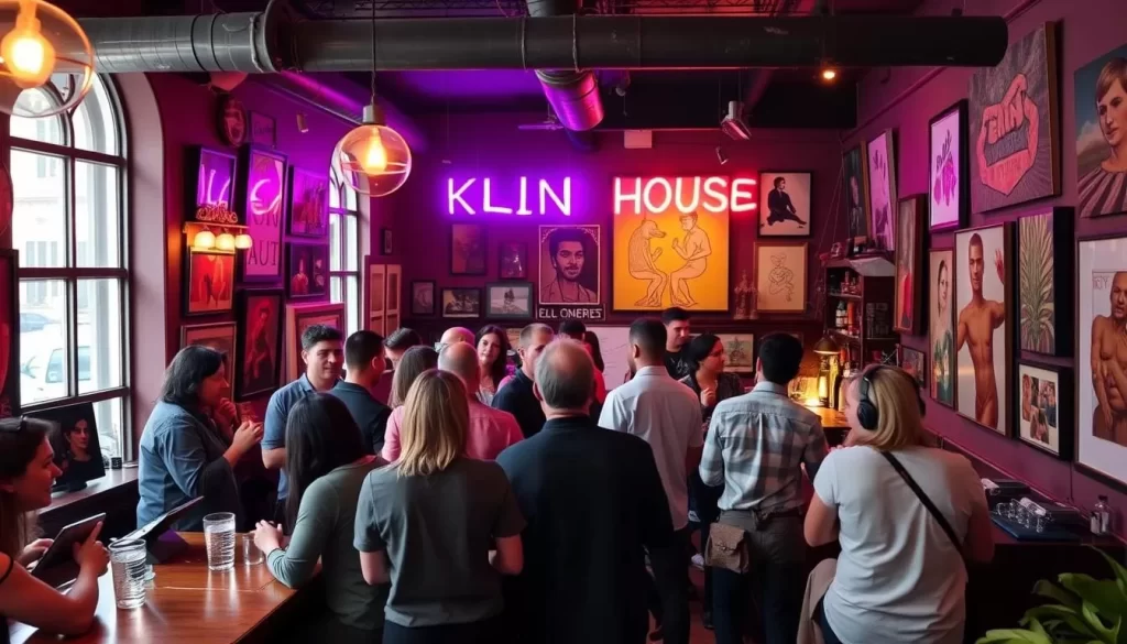 Generate an image of Klein House's vibrant atmosphere, showcasing its role as a social bar and art gallery.