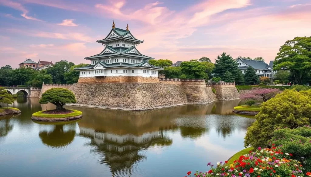 Generate an image of Kōchi Castle standing majestically with its surrounding moat and beautiful parks.
