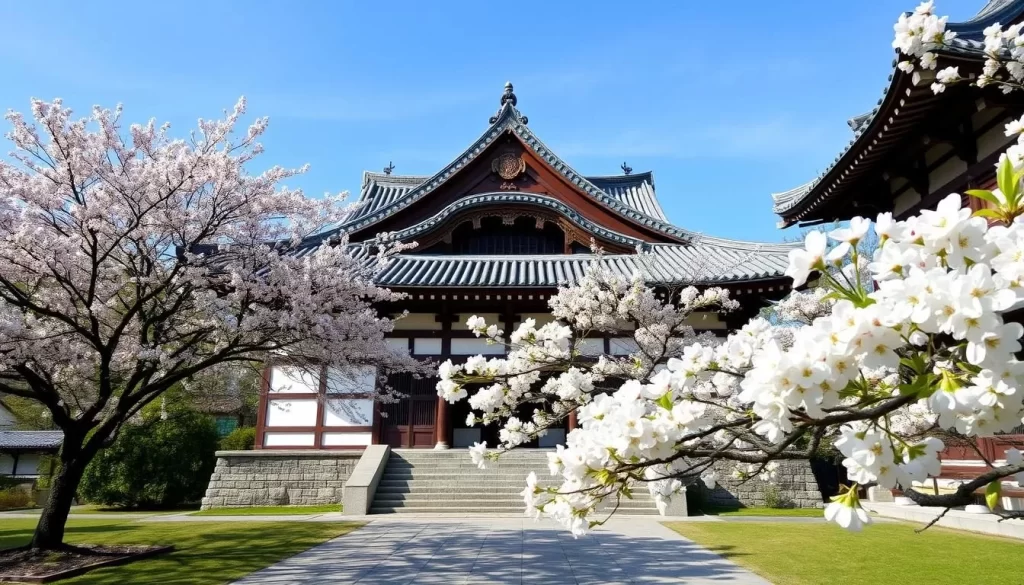 Generate an image of Kodokan Hall, highlighting its traditional architecture and surrounding plum trees.