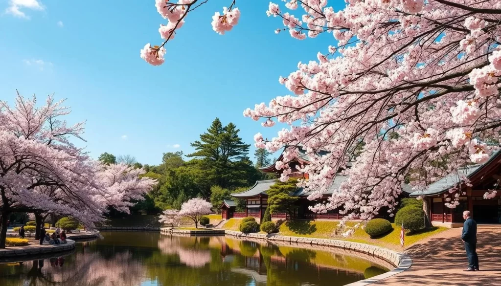 Generate an image of Korakuen Garden during cherry blossom season.