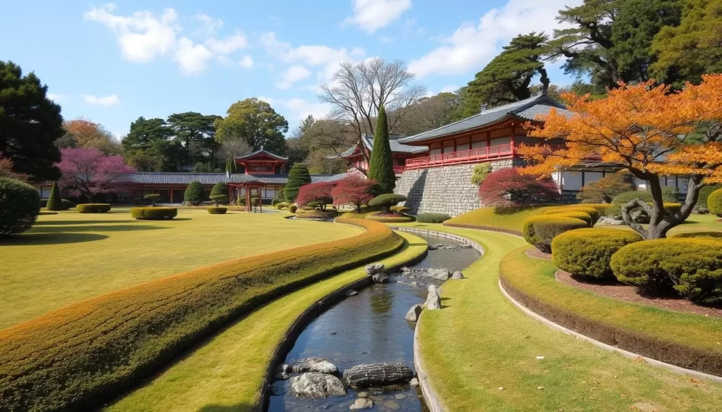Generate an image of Korakuen Garden, one of Japan's Three Great Gardens, with its beautifully landscaped lawns and meandering streams.