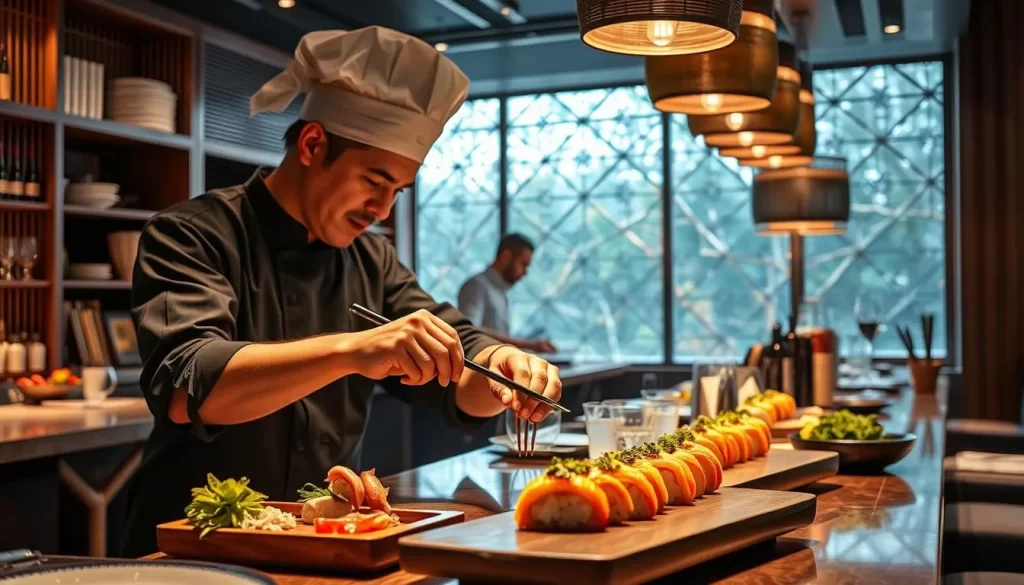 Generate an image of Kosaka's elegant sushi bar with a chef preparing a dish.