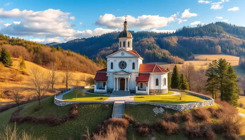 Generate an image of Krušedol Monastery's Baroque-style church and its serene surroundings.