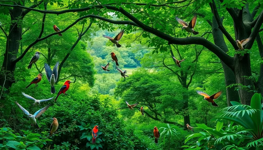 Generate an image of Kunigami Forest Park's lush greenery with rare bird species.