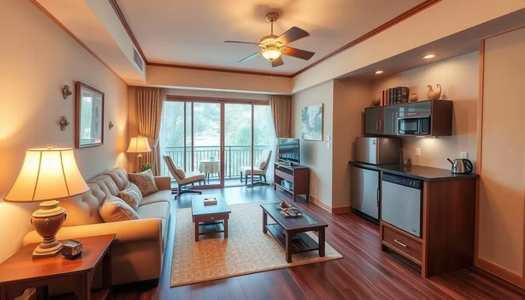 Generate an image of Kurumi Mansion's cozy living room or a well-appointed kitchenette.