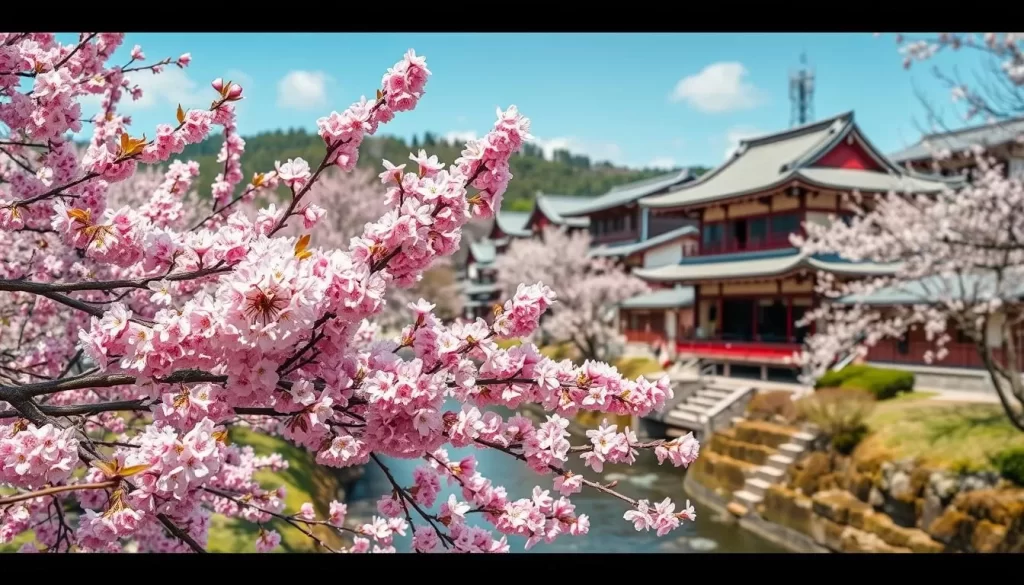 Generate an image of Kyoto's spring landscape with blooming cherry and plum blossoms.