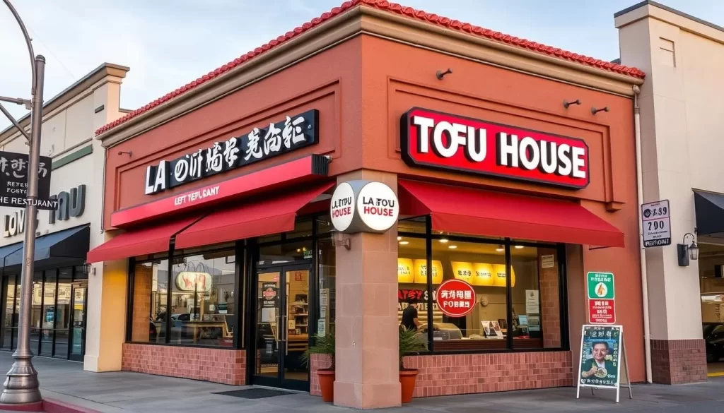 Generate an image of LA Tofu House's exterior, highlighting its location in a strip mall on Vermont Avenue.