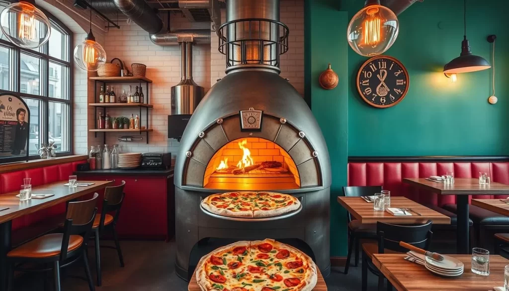 Generate an image of L'Industrie Pizzeria's industrial-chic decor and wood-fired pizzas.