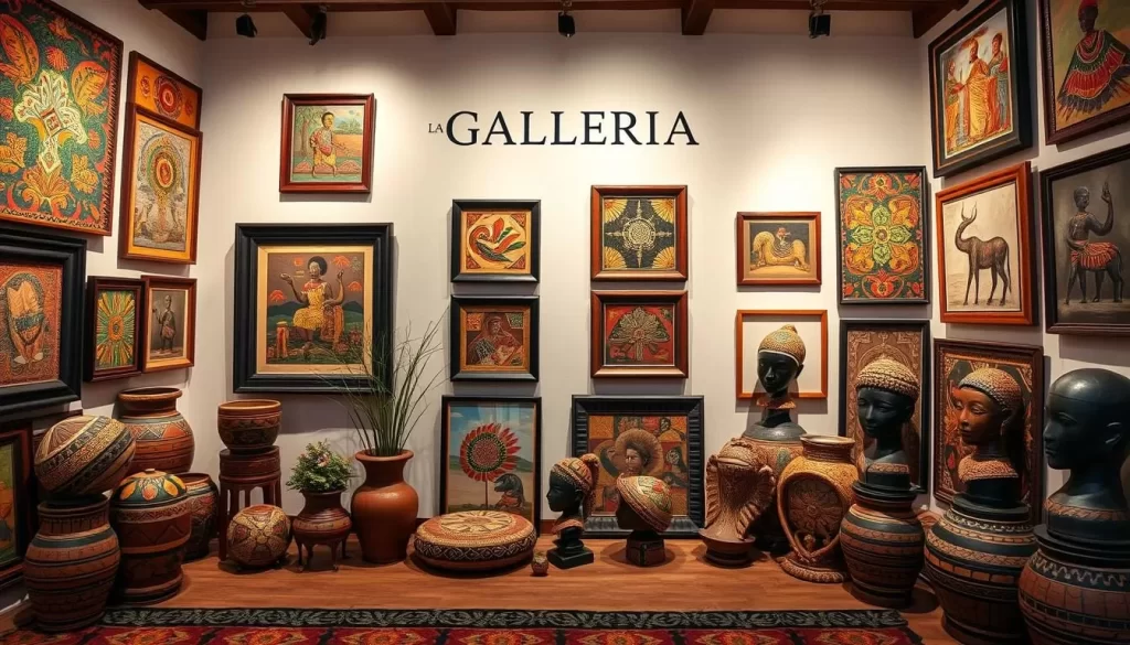 Generate an image of La Galleria Africa, showcasing its impressive collection of traditional and contemporary Malawian artwork.