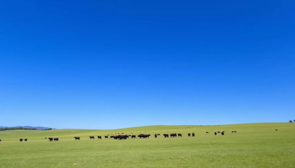 Generate an image of La Reata Ranch, showcasing its sprawling pastures and cattle.