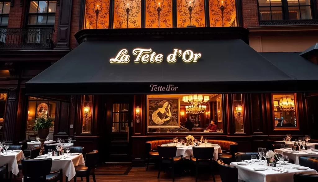Generate an image of La Tête d'Or steakhouse NYC, featuring its glamorous Flatiron District setting and luxurious dining area.