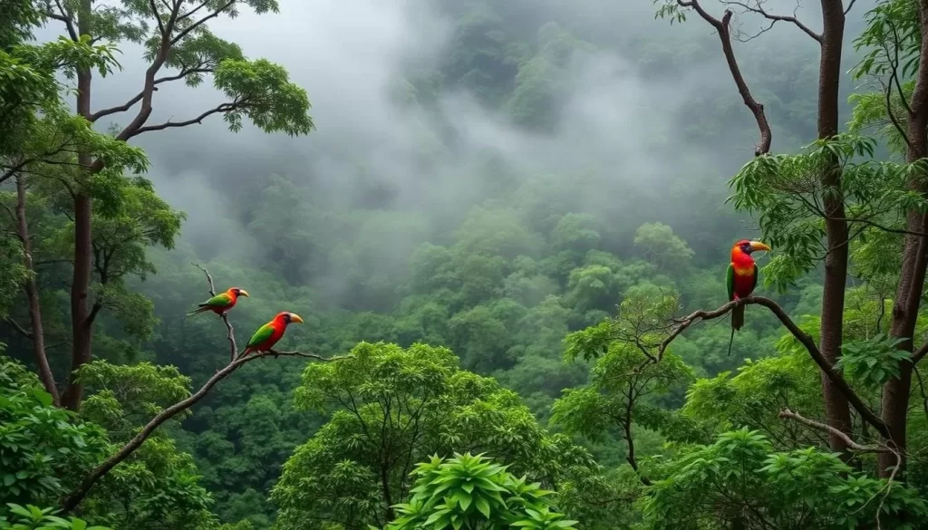 Generate an image of La Tigra National Park's hiking trails with misty forests and exotic birds.